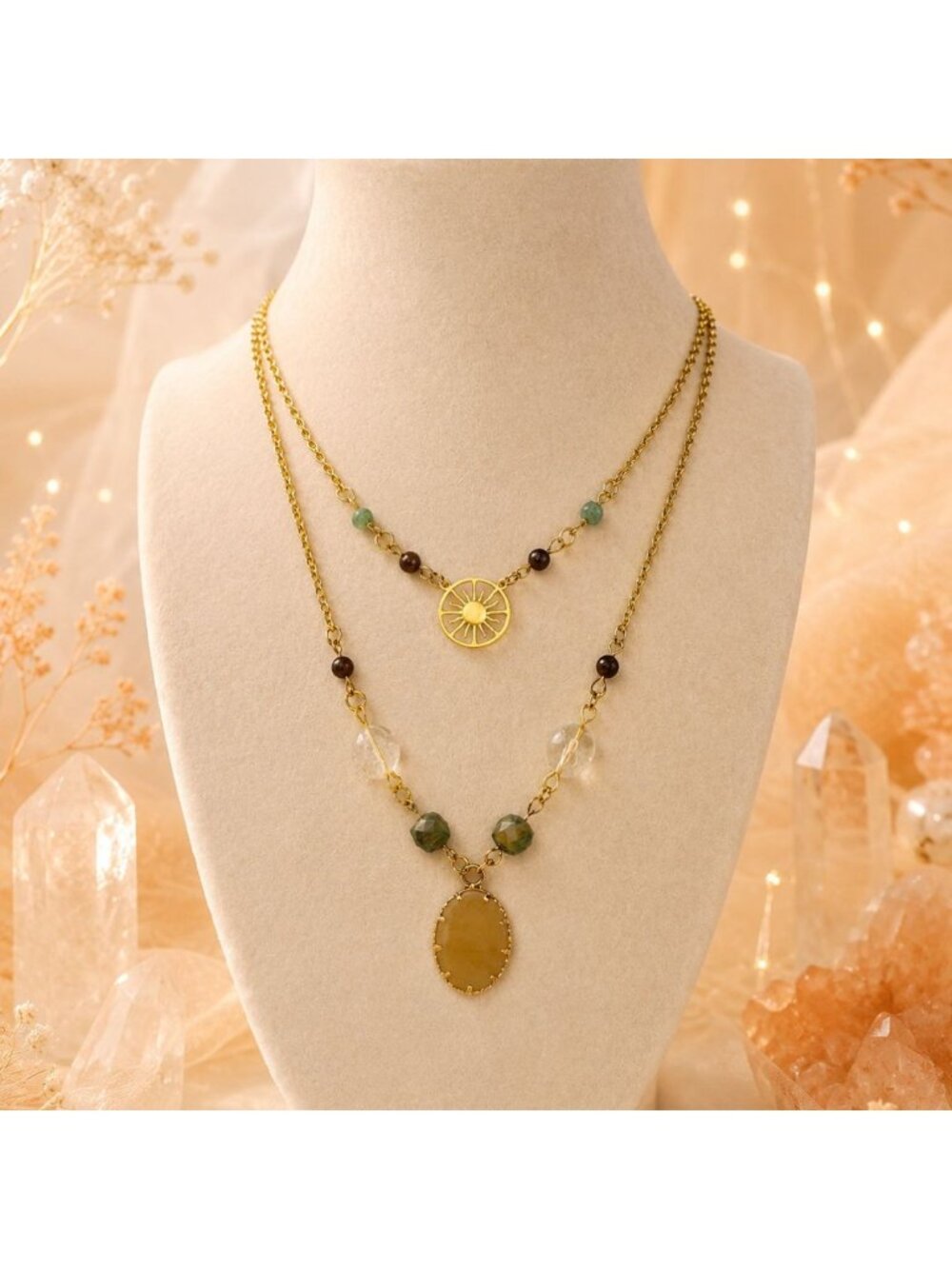 Earthy Whimsical Layered Necklace with Sun and Citrine Pendant 18k Layered Gold